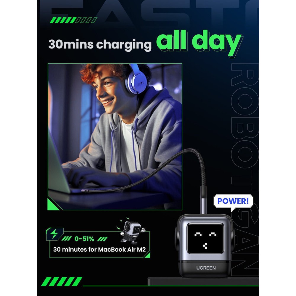 UGREEN GaN φορτιστής (CD361) 65W PDx2+QC4.0 Γκρι 25685B