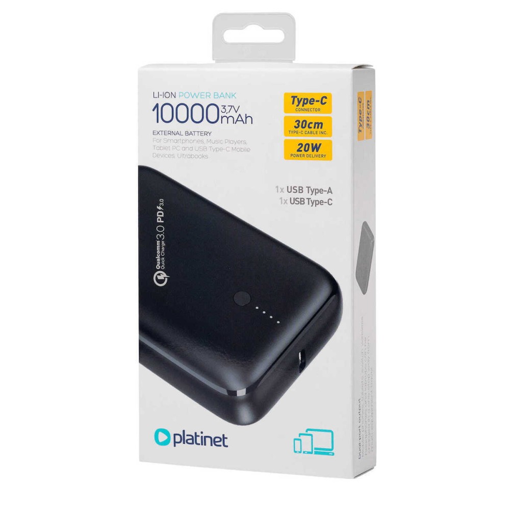 PLATINET POWERBANK 10000 mAh PD 1X USB-C , 1X USB-A ΜΑΥΡΟ