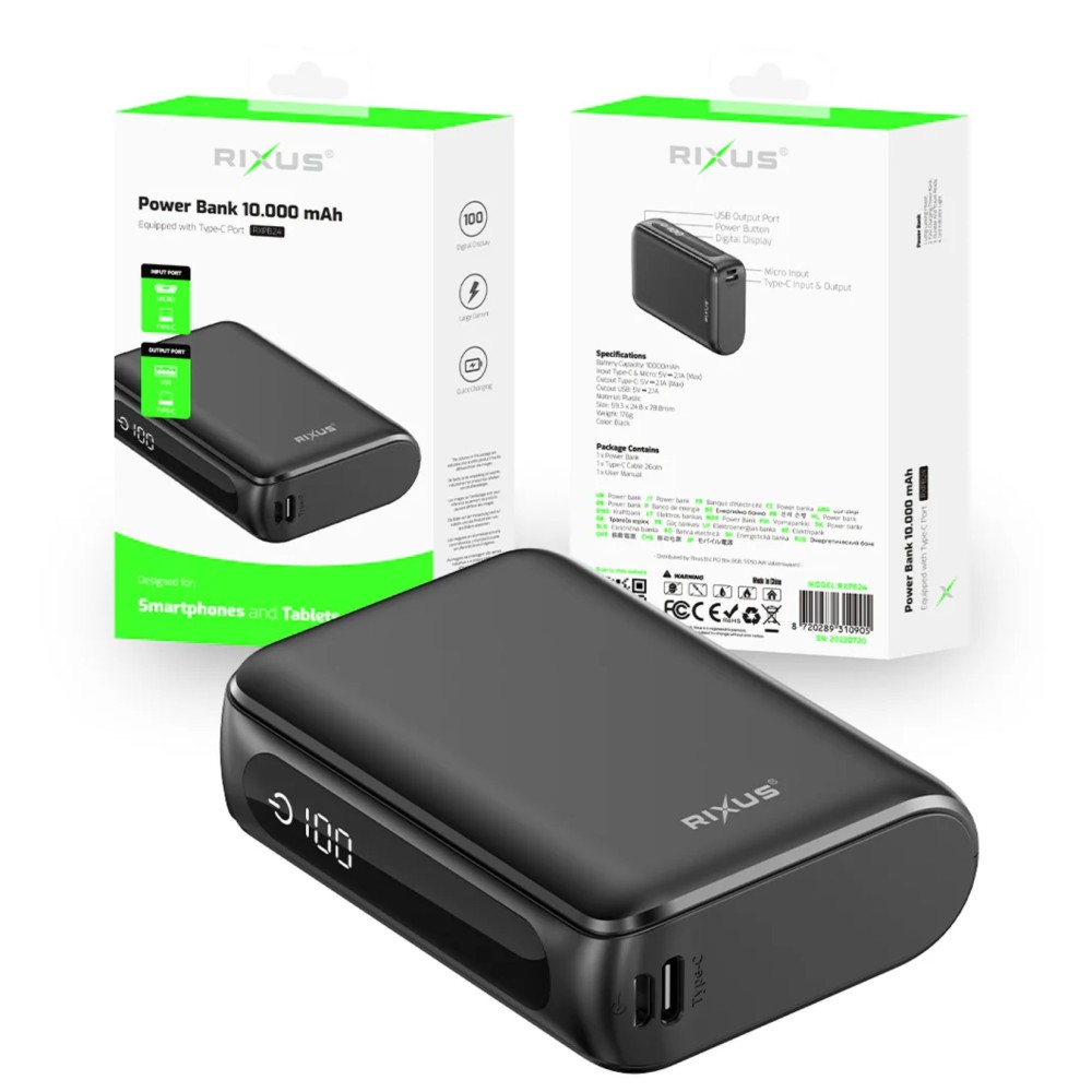 Rixus RXPB24 Compact Powerbank Digital Display 10000mAh Black