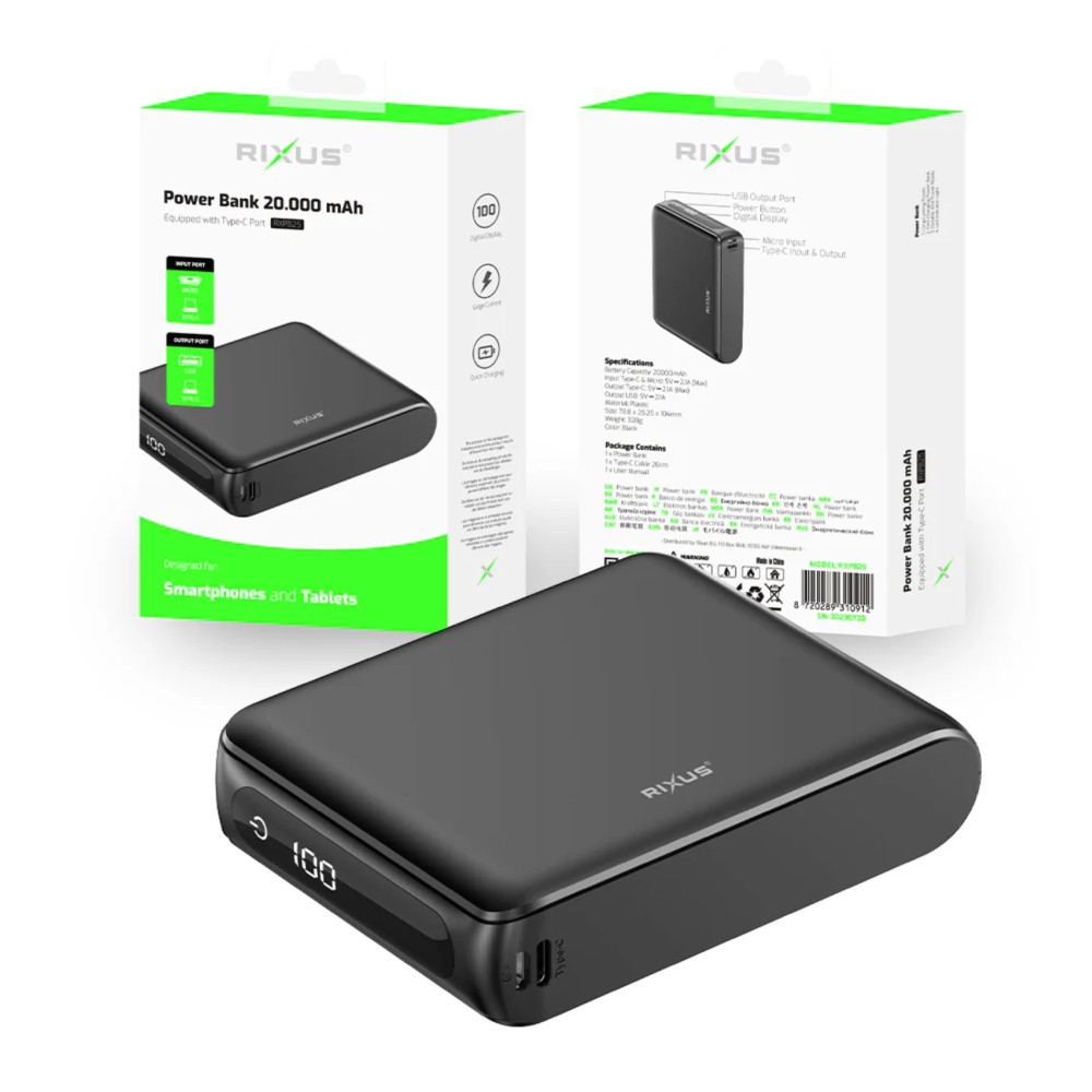 Rixus RXPB25 Compact Powerbank Digital Display 20000mAh Black Rixus RXPB25 Compact Powerbank Digital Display 20000mAh Black