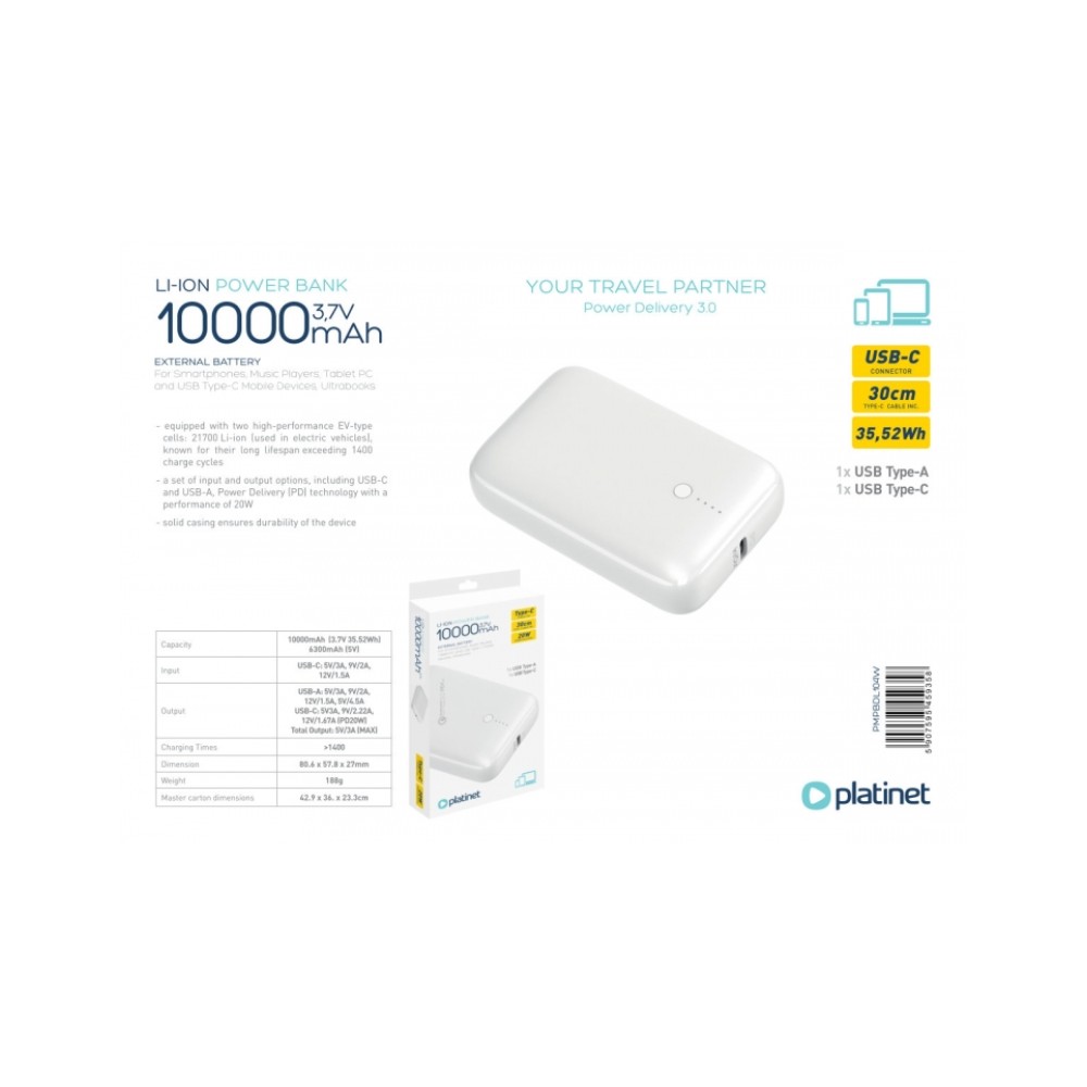 PLATINET POWERBANK 10000 mAh PD 1X USB-C , 1X USB-A ΑΣΠΡΟ